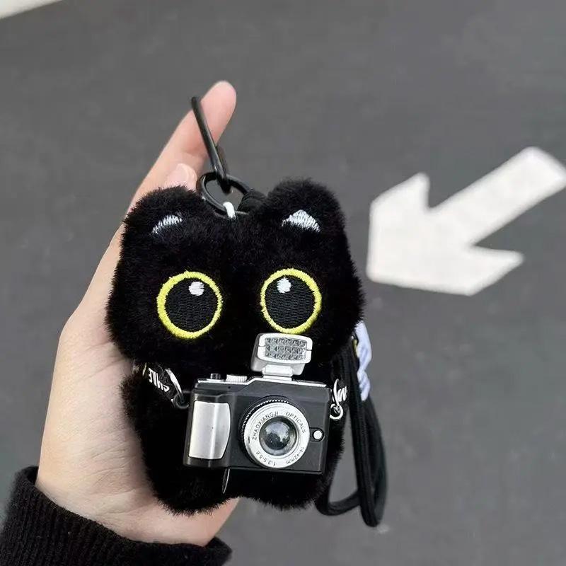 Cute Cartoon Black Cat Keychain Bag Pendant Backpack Hanging Ornaments Lovely Cat Doll With Camera Animal Car Keyring Kids Gift