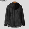 INCERUN Men Long Sleeve Buttons Plaid Transparent Hooded Shirts Outside Wear