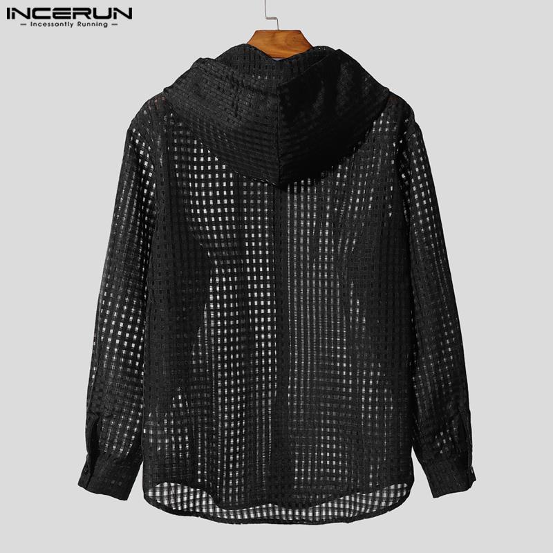INCERUN Men Long Sleeve Buttons Plaid Transparent Hooded Shirts Outside Wear