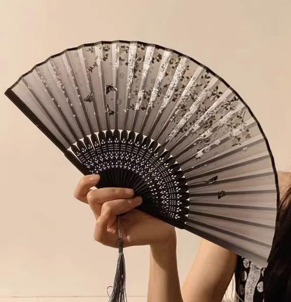 Chinese-Style Black Bamboo Folding Fan for Hanfu Dance and Summer Use