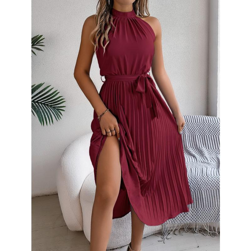 Sleeveless Summer Pleated A-line Dress Casual Solid Color Loose Party Lace-up Elegant Dresses Fashion Midi Sweet Stand Collar Holiday Clothing
