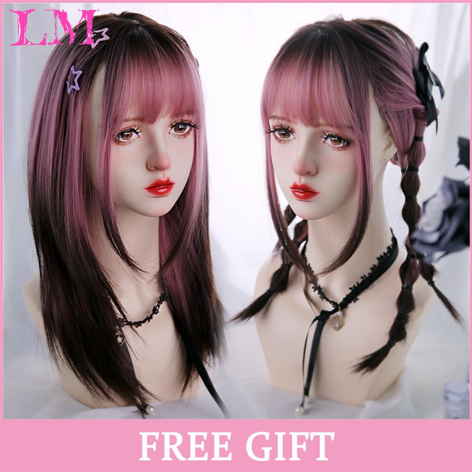LM Black And Rose Straight Hair Wig Synthetic Long Wavy Wigs with Bangs for Women Cosplay Natural High Temperature Fiber