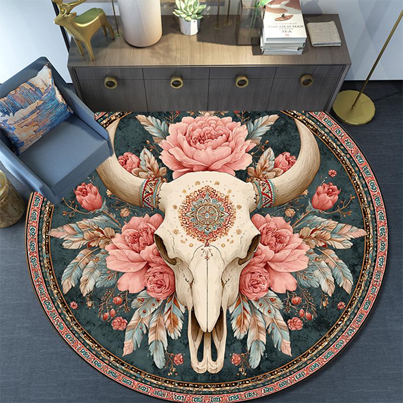 Bohemian Buffalo Skull Round Area Rug,Carpet Rug for Living Room Bedroom Sofa Playroom Decor,Non-slip Floor Mat