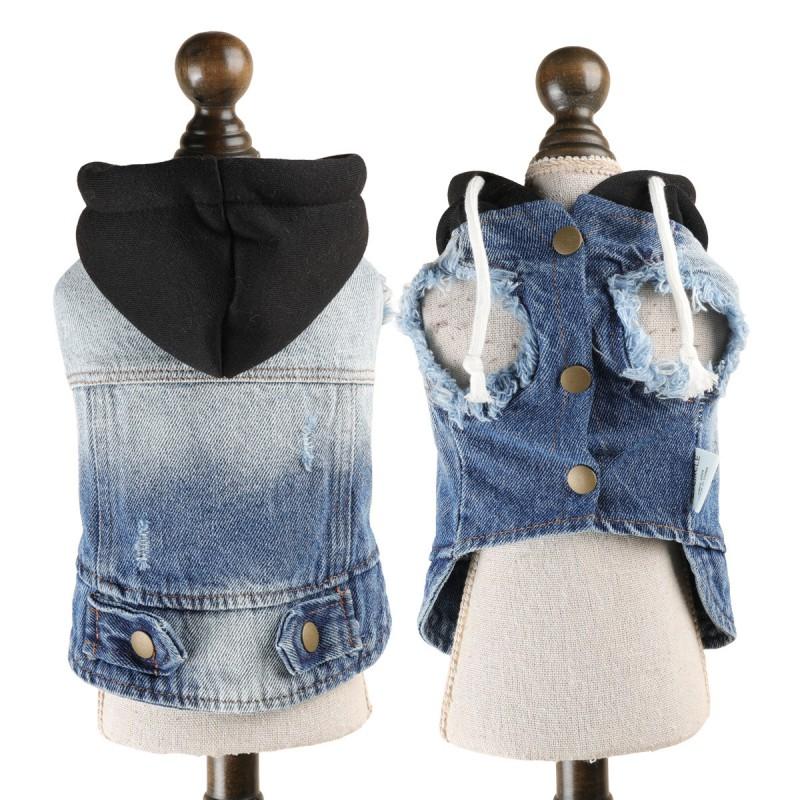 Pet Denim Vest With Gradient Hooded Design Maltese Cats Casual Wear XS To XL