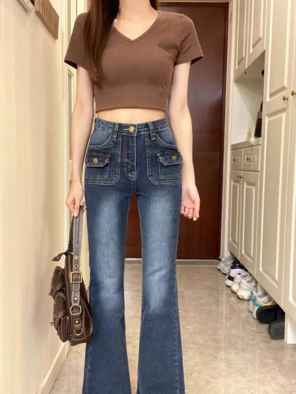 

Plus-Size Retro Elastic Flare Jeans: Stylish Korean Trend for Autumn/Winter L синий