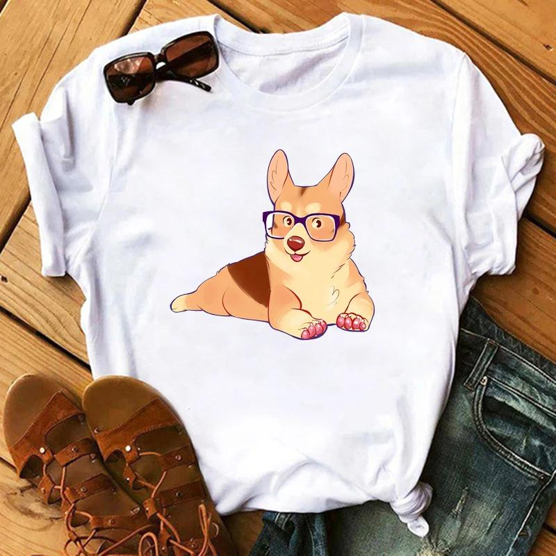 Maycaur Funny Cute Corgi Dog Printed TShirt Harajuku 90s Kawaii Women Short Sleeves T Shirts Tops Graphic Tees Female Tshirt