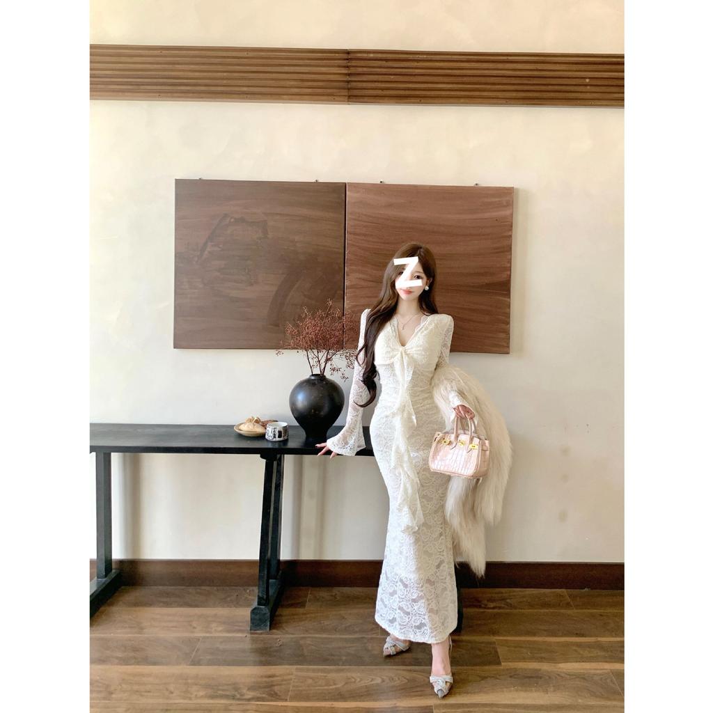 Light and Mature Temperament Royal Sister V-neck Streamer Lace Dress Women's Spring and Autumn New Waist and Thin Hip-wrapped Fishtail Skirt