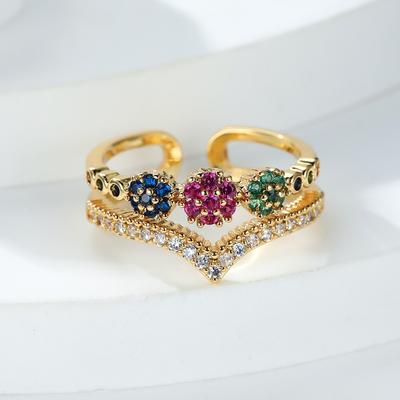 Anello Aperto a V a Doppio Strato Dorato Moda Personalizzato Versatile Anello con Zirconi Micro Intarsiati