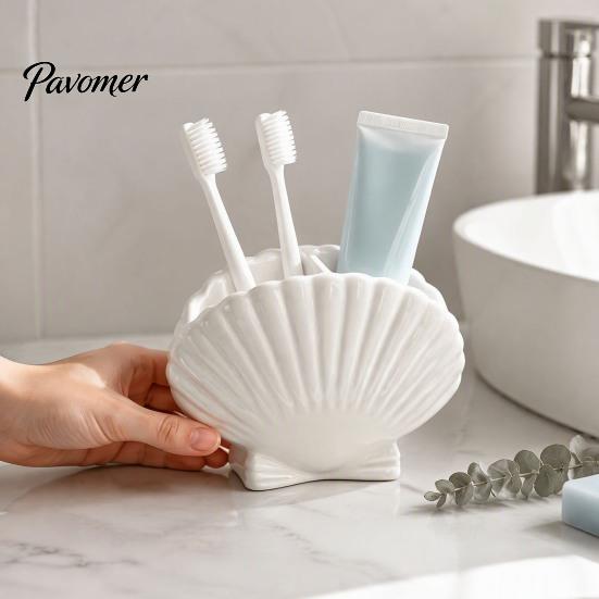 Moisture Proof Bathroom Container Shell Shape Toothbrush Holder for Countertop, 2 Compartments Waterproof Multi Compartment Storage Desktop Organizer,