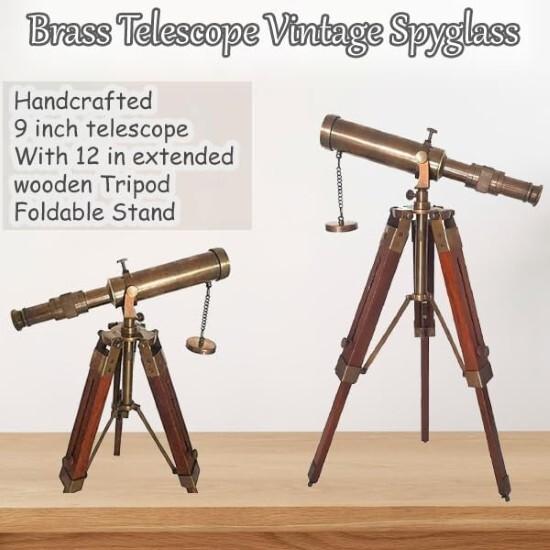 Messing Teleskop mit Holzstativständer Maritim Nautisch Vintage Schreibtischdeko