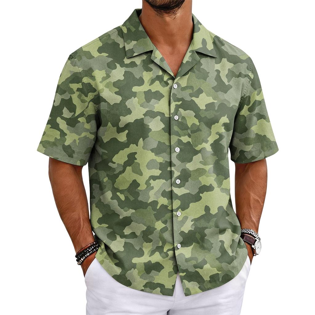 Men's Camouflage Short Sleeve Cuban Collar Shirt Lightweight Breathable Casual Button Down Shirt Summer Beachwear