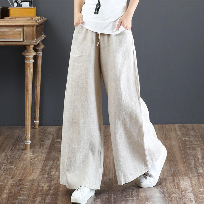 2025 Women's Plus Size Cotton Linen Wide-Leg Trousers - High Waist, Loose Fit, Straight Leg, Casual Summer Pants