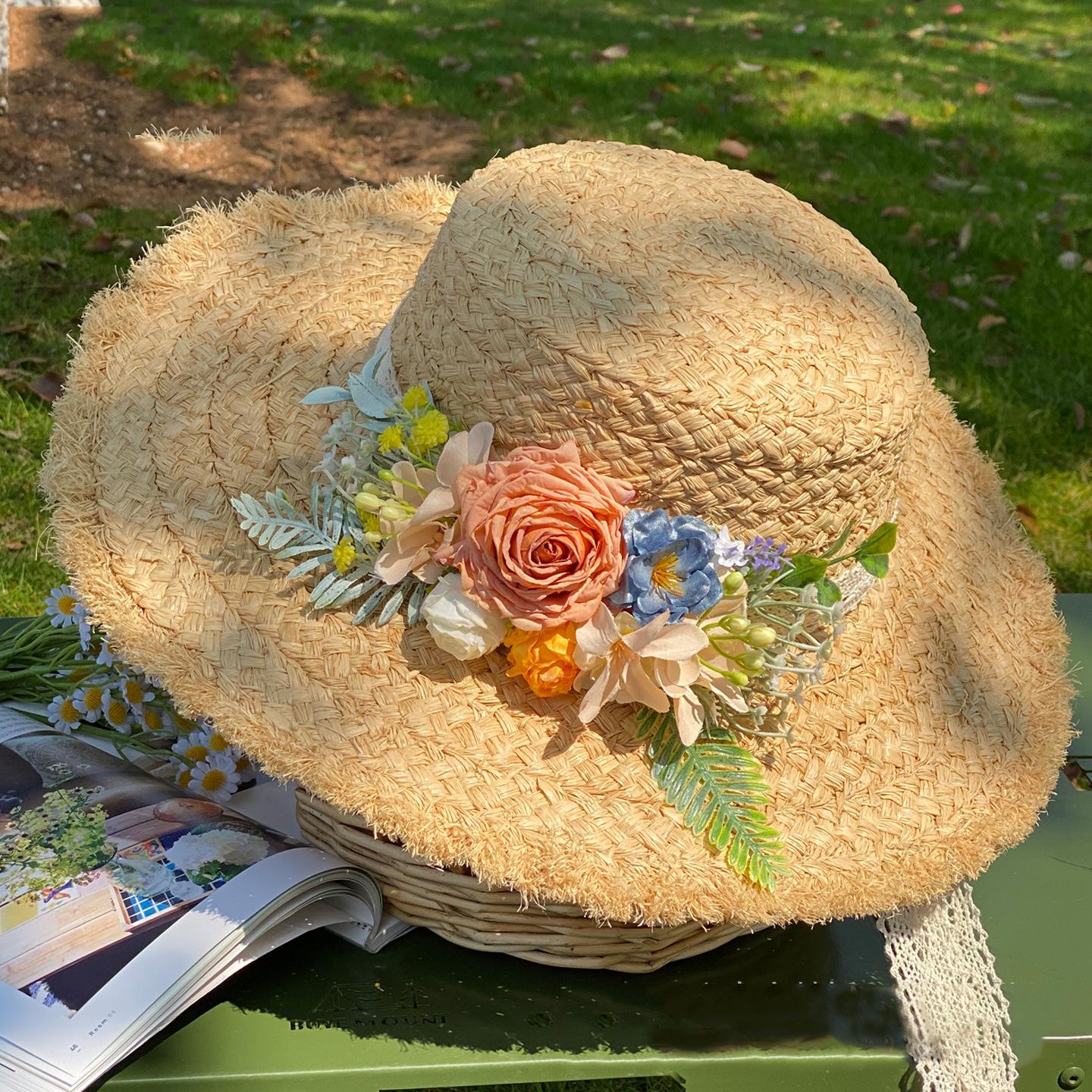 My Extreme Outdoor Activities Women's Floral Raffia Straw Hat Wide-Brimmed Straw Hat For Beach Sun Hat French Elegant Wedding Hat 2026 New 56-58Cm