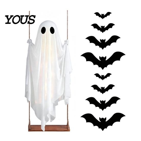 Lighted Creepy Yard Props Halloween Large Hanging Swing Ghost Decoration, Light Up Spooky Swinging Window Display Ghosts with 3D Bats for Front