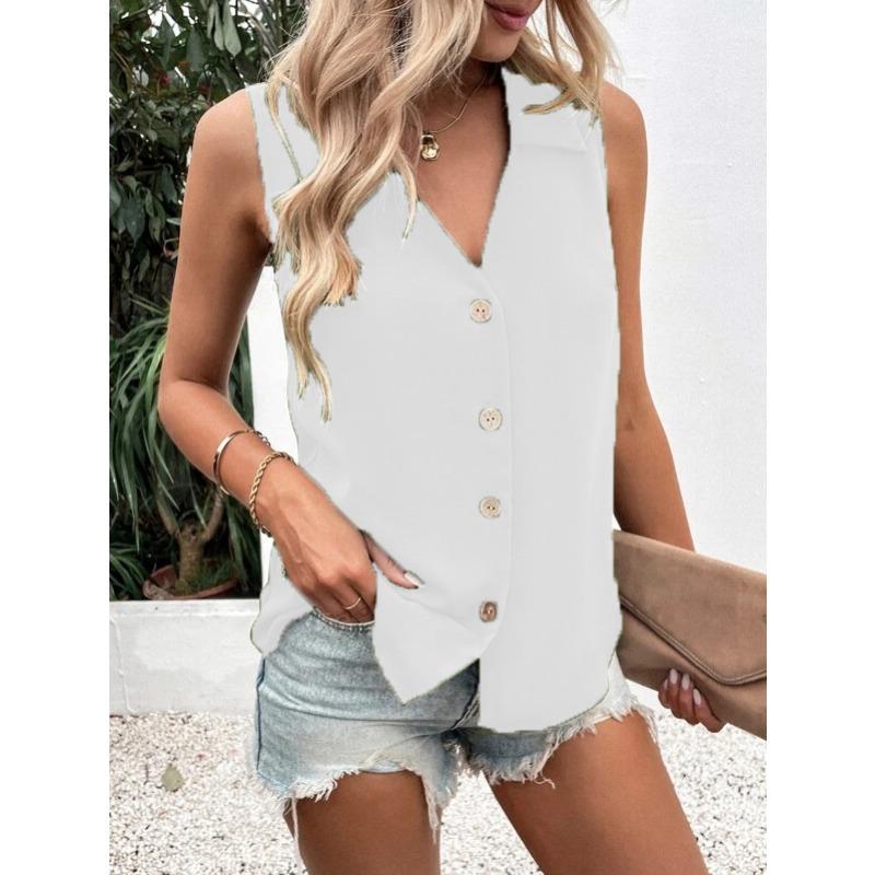 Summer Sleeveless V-neck Vest Shirt Women Casual Loose Blouse Large Office Chiffon Shirts Elegant Button-up Tops Solid Color Simple Fashion Clothing