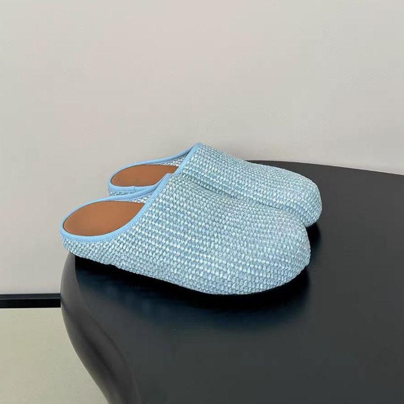 Fashion Spring/Summer Retro Big Round Headed Woven Flat Slippers European American Fashion Sizes 35-45 Outdoor Low Heel Half Slippers