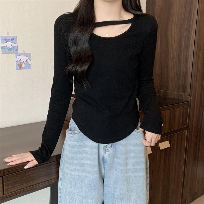 Autumn New Korean Style Solid Color Student Top Slim Sexy Short Base Shirt Long Sleeve T-shirt for Women