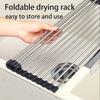 Premium stainless steel roll-up dish drying rack, space-saving, rust-resistant, easy-clean over-sink kitchen organizer.