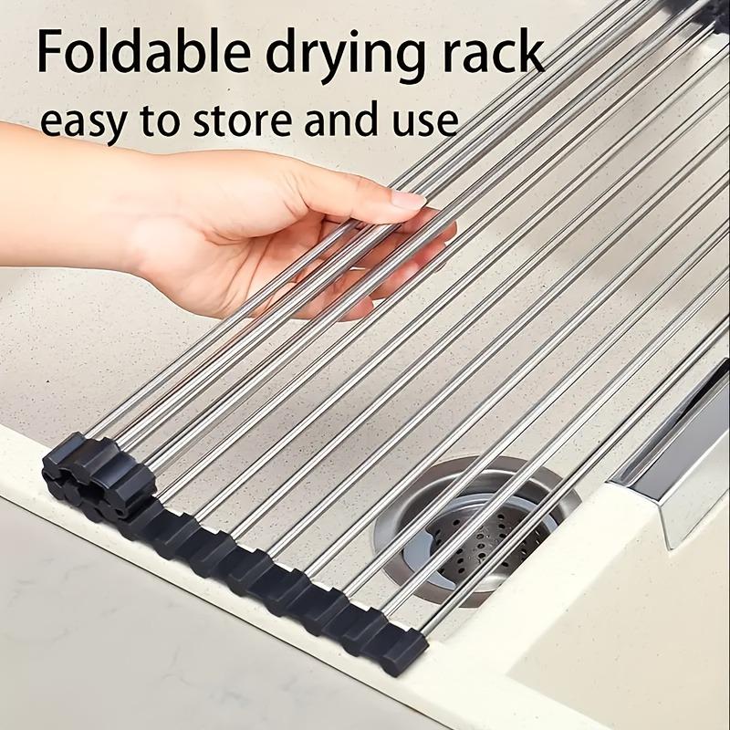 Premium stainless steel roll-up dish drying rack, space-saving, rust-resistant, easy-clean over-sink kitchen organizer.