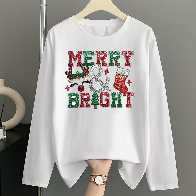 (Asian Size) sweet merry style Print T Shirt Christmas holiday Graphic Tee Women autumn winter Casual Fashion Top Clothing Long Sleeve T-shirts