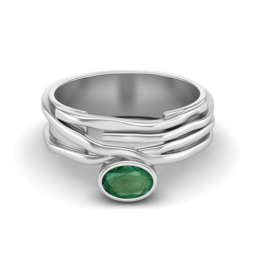 6X4 Oval Natural Emerald 925 Sterling Silver Multi Band Women Wedding Ring