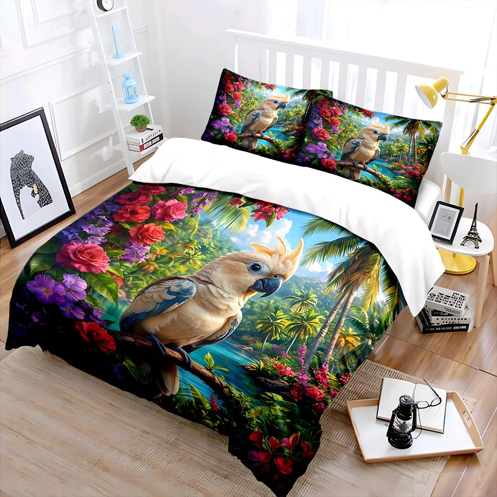 Tropical Parrot With Vibrant Flowers Bedding Set For Kids Luxury Gift 3Pcs Digital Print Comforter Set Soft Comfortable EU Twin 135X200cm&set