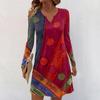 Women's Long-sleeved Casual Midi Dresses V-Neck Print  Casual Dress