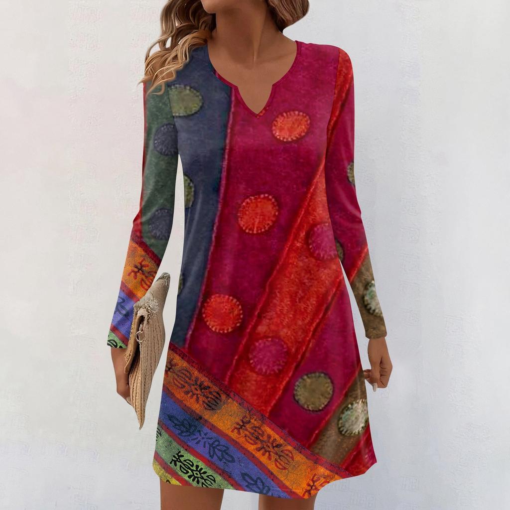 Women's Long-sleeved Casual Midi Dresses V-Neck Print  Casual Dress