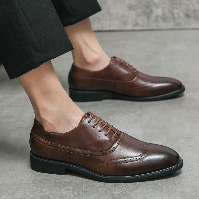 Spring and Autumn British Business Round Head Leather Shoes Men's Carved Brock Dress Derby Shoes Office Wedding Shoes