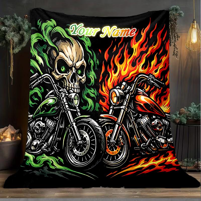 1PC Custom Name Skull Flames Motorcycle Art outdooor Flannel blankets Throw Blanket All-Season Throw Gift Bedspread for Couch, Bed, Camping Holiday Bi
