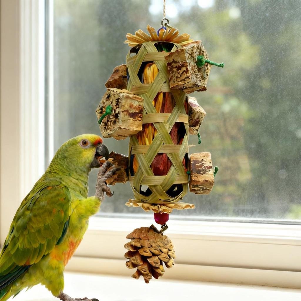Parrot Hanging Bite Resistant Pet Bird Chew Toy Woven Colorful Parrot Foraging Basket Cornhusk Pinecone Toy For African birds