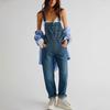 Women's Fashion Solid V-Neck Button Pocket Wash Denim Adjustable Strap Jumpsuit