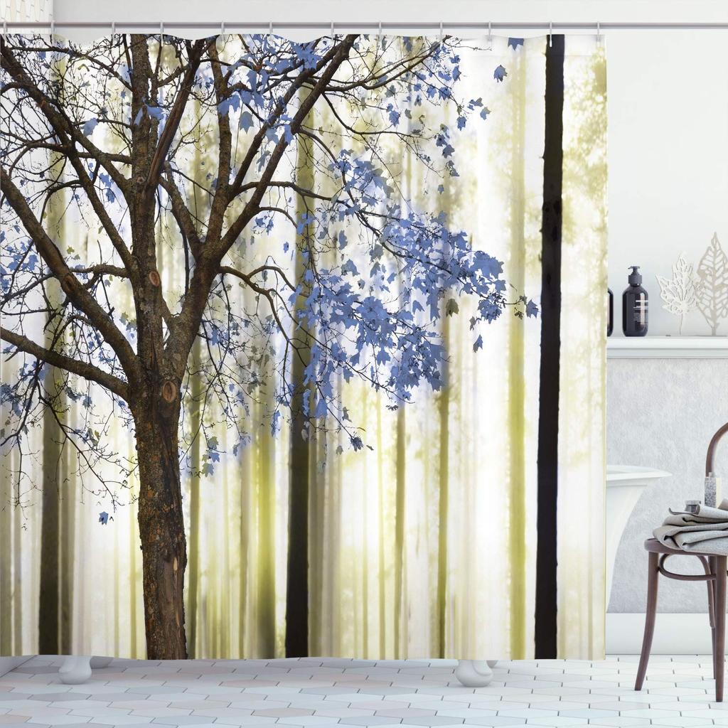 Autumn Shower Curtain,Fall Season Theme Forest Tree Leaves on An Abstract Woodland Background Bathroom Curtains with Hooks