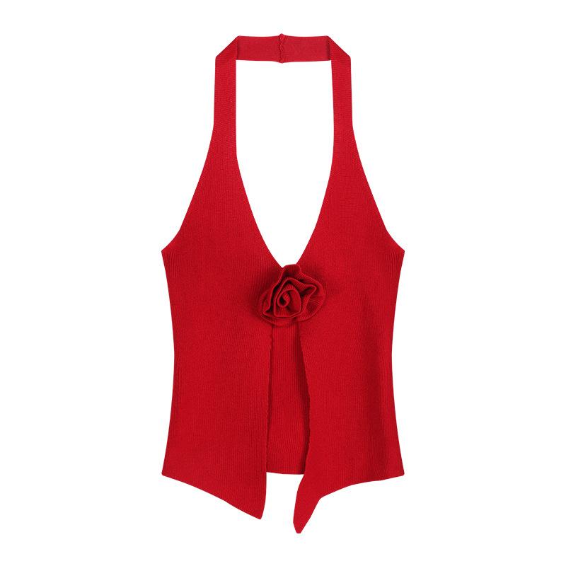 Three-dimensional flower knitted neck sling vest women's summer v-neck sweet hottie sexy red back top