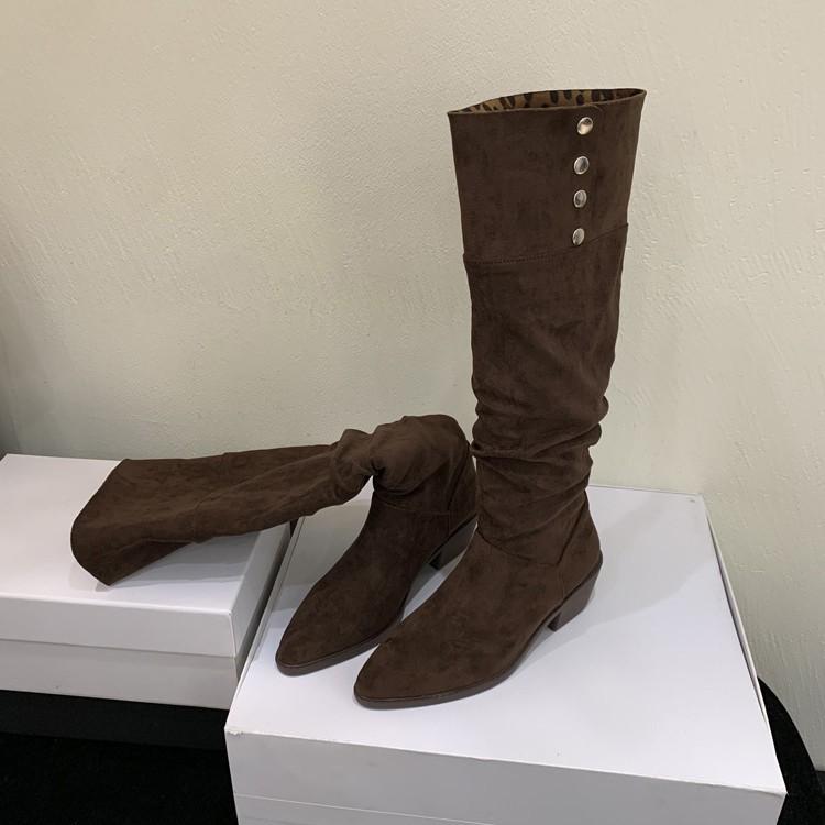 Multi-wear 2025 autumn and winter new metal buckle leopard print pointed head thick heel middle heel western cowboy boots medium boots long boots