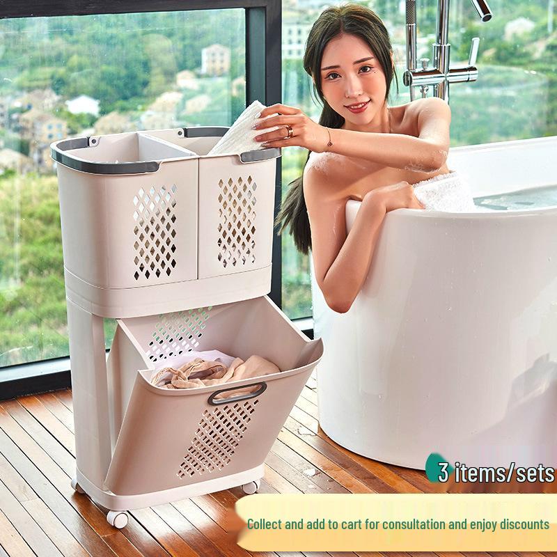 Plastový koš na prádlo v japonském stylu: Velkokapacitní, bezvrtací, vícevrstvý stojací koš na prádlo