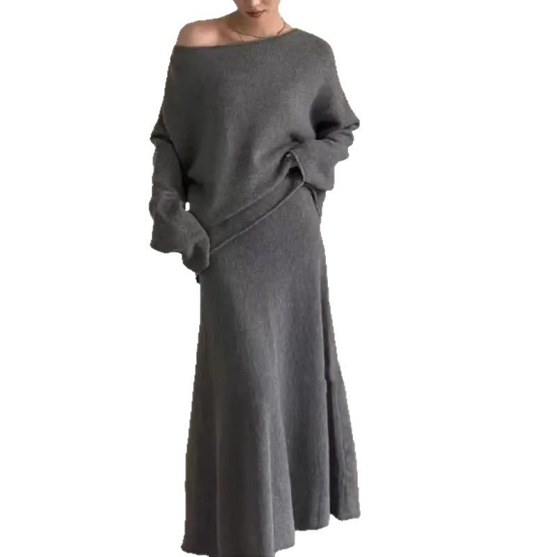 European and American Cross-border New Solid Color One-word Collar Loose Lazy Style Pullover Knitted Half-body Pleated Skirt Two-piece Set