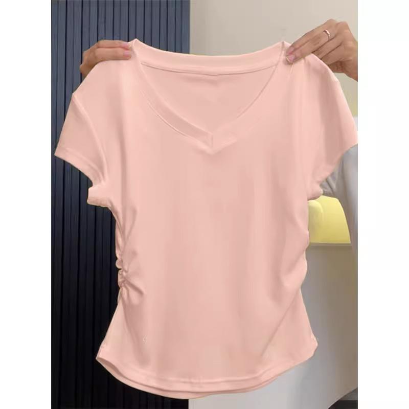 

V-neck T-shirt Short-sleeved Women s Summer New Slim Half-sleeved American Underwear Top French Waist-pinching Casual and Versatile XL