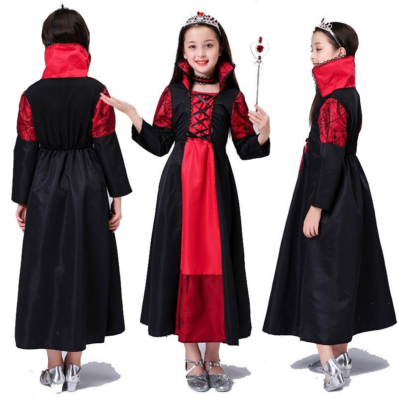 Girls Queen Kids Costume Lace Up Witch Dress Child Halloween Cosplay Sorceress