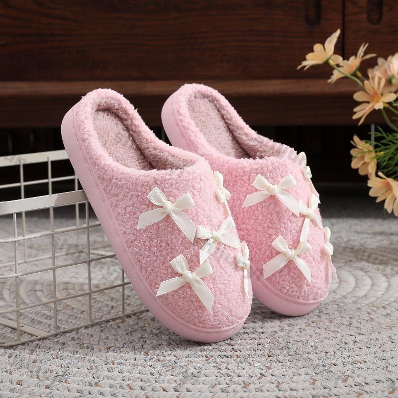 Fashion Cute Plush Shoes Winter Women's Fashion Bow Knot Warm Home Shoes Thicken Lightweight Comfortable Indoor Non Slip Cotton Slippers