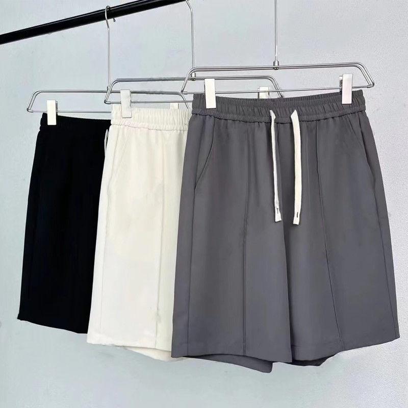 Men's Summer New Lace Up Ice Silk Pants Fashionable Simple Breathable Solid Color Pocket Panel Casual Versatile Straight Shorts