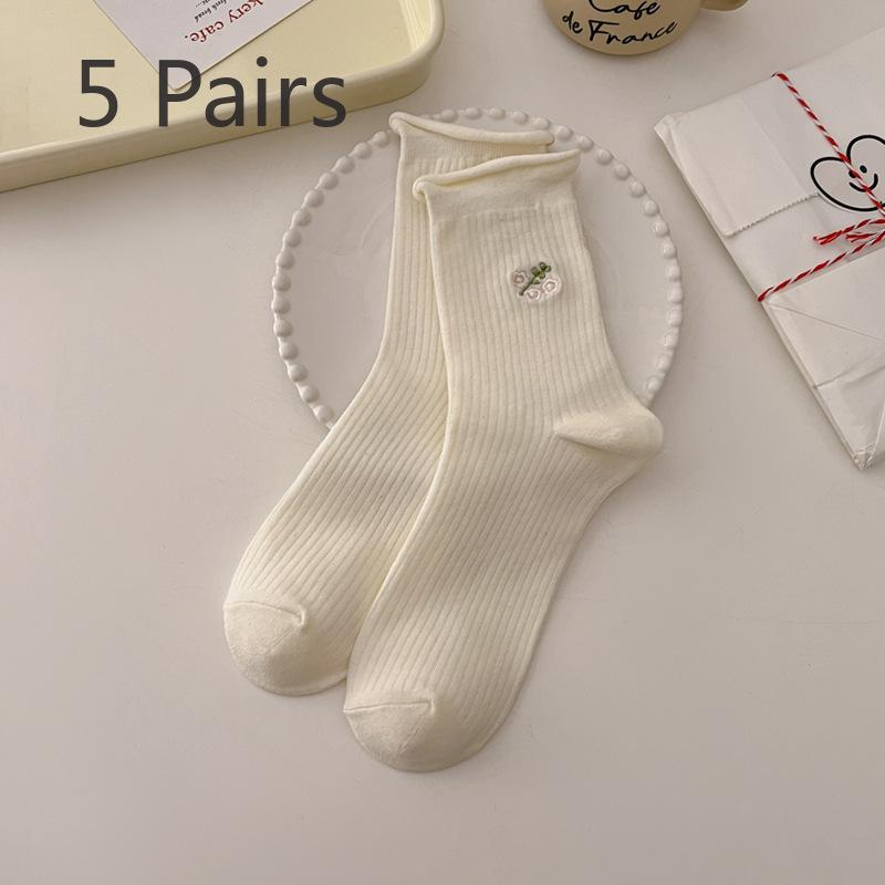 

5 пар женских носков из хлопка с ворсом и кружевной вышивкой в новом стиле 5 Pairs кремовый