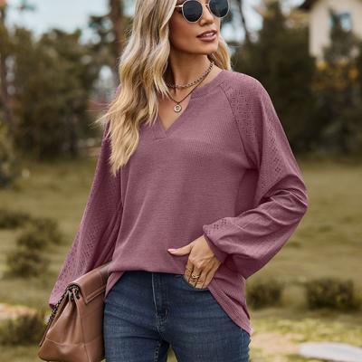 Autumn Winter Solid Color Top Patchwork V-neck Loose Long Sleeved T-shirt for Women's Clothing