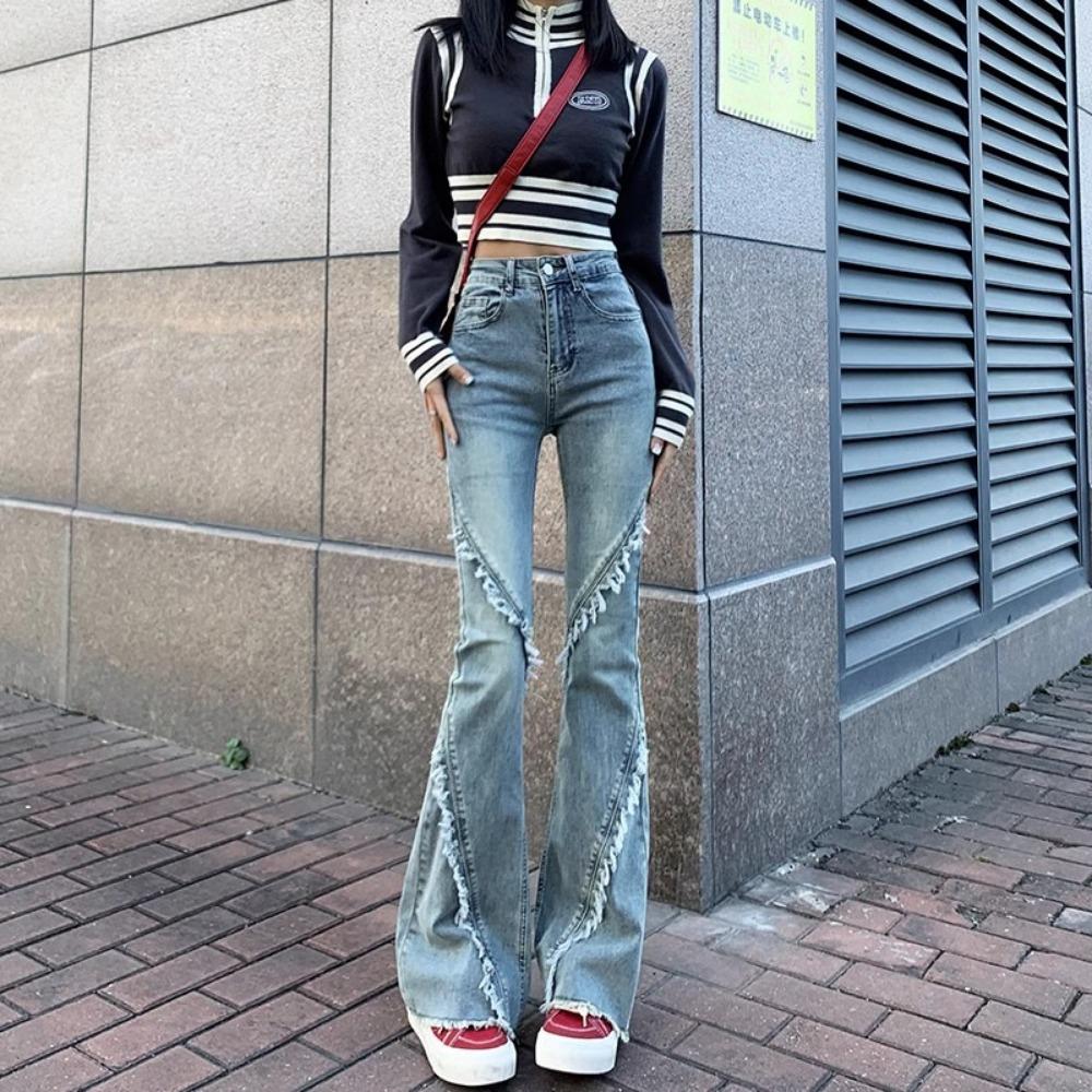 Personalized splicing micro-pull jeans women's spring and autumn new high-waisted slim-fitting and thin versatile horseshoe flared pants