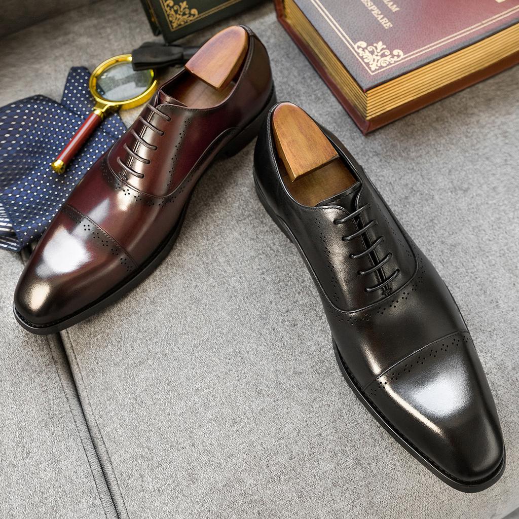 Spring and Autumn New Three-joint Square Head Business Casual Dress Leather Shoes Lace-up First-layer Niu Goodyear Men's Shoes