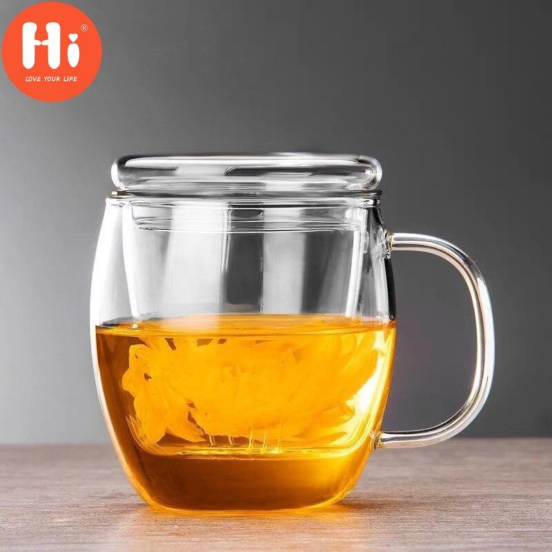 Hi Creative Glass Tea Infuser Cup With Transparent Filter Handle Bamboo Lid Heat-resistant Flower Teacup Office Tea Mug Drinkware