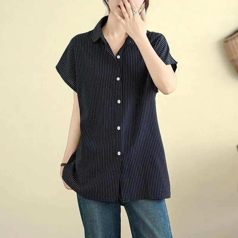Cotton and Linen Short-sleeved Shirt Summer Striped New Loose Slim Fit Artistic Mid-length Top