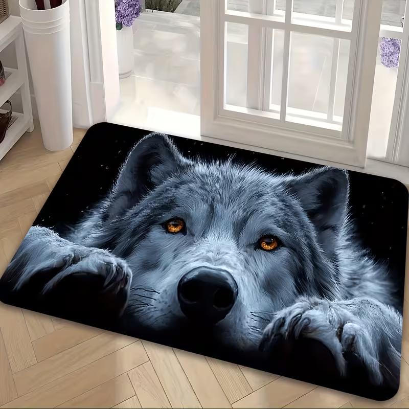 Peeking Grey Wolf Doormat Fierce Wild Canine Animal Print Non Slip Entry Floor Rug For Front Door Hallway