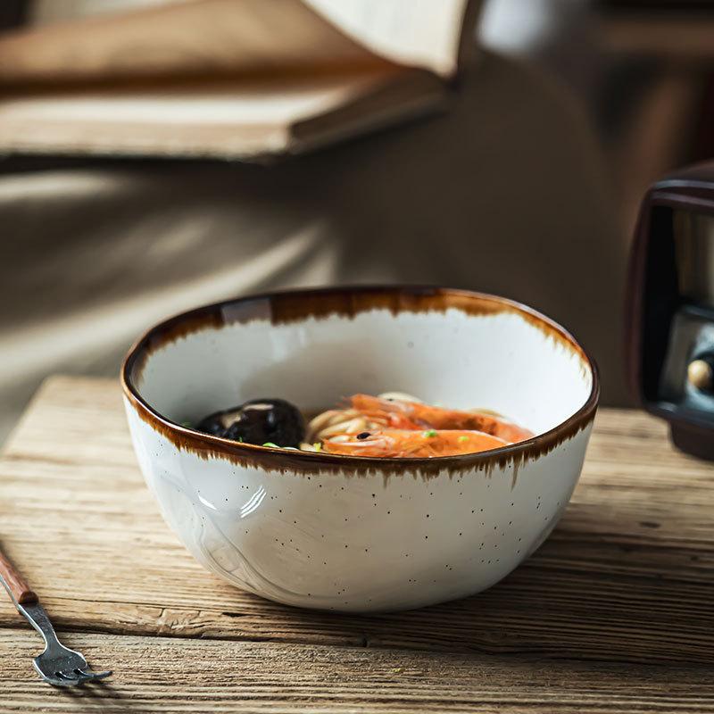 High-Value Ceramic Noodle Bowl Japanese-Style Home Restaurant Round Bowl Creative Brown Edge Small Bowl Japanese-Style Retro Tableware Bowl