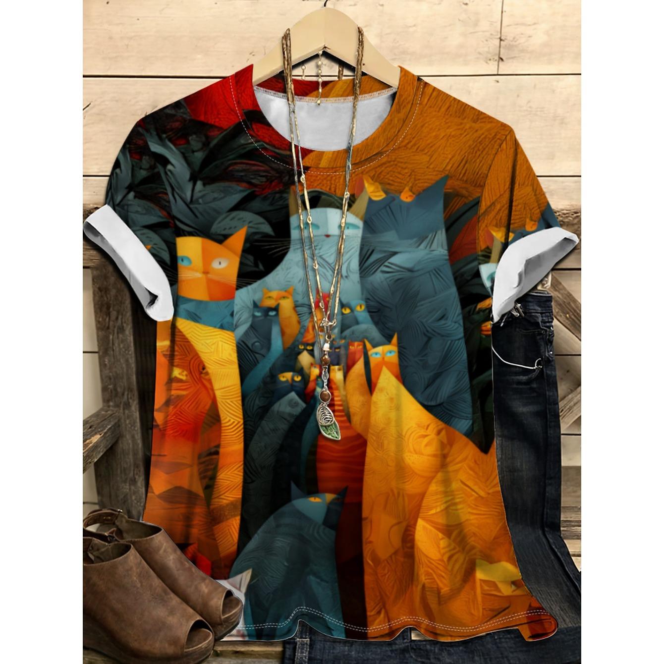 

Летняя футболка с круглым вырезом, мультяшным кошачьим принтом и 3D-печатью, модная повседневная женская футболка с коротким рукавом S